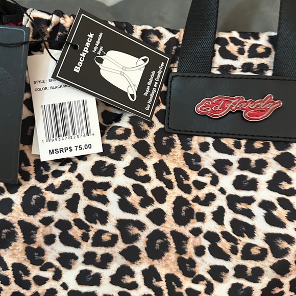 NWT Ed Hardy Eternal Love Leopard Print Drawstring Backpack NWT Red Rhinestones - Picture 8 of 11